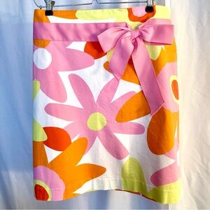 Sandra pink & orange flowered ribbon belted stretchy zip skirt sz 12 cute comfy